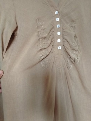 Midi dress with embroidery, sand color, cotton gauze