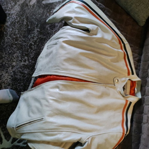 Vintage men's leather jacket XL like new, white with stripes