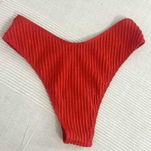 Coral high-waisted bikini with ribbed texture, medium