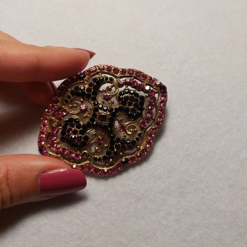 Swarovski brooch new, handmade brass and crystals, pink