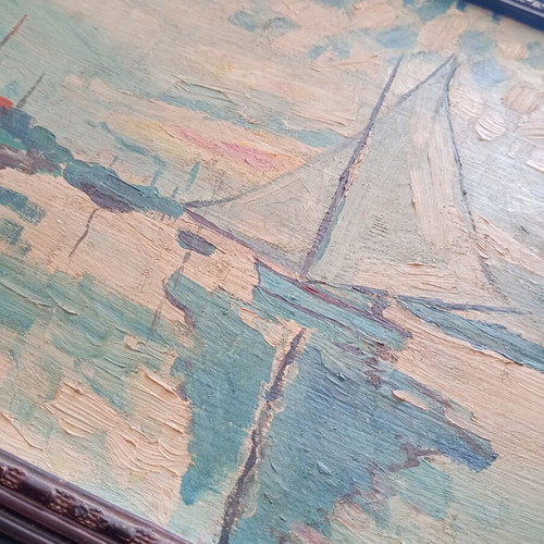 Vintage painting used, sailboats on the Seine inspired by Claude Monet