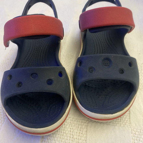 Crocs Crocband sandals used, blue and red, sizes 27-28