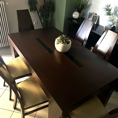Dining set with 6 chairs like new, beech wood wenge color, beige leather