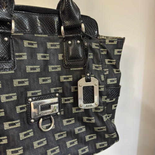 Guess Vintage Y2K Monogram Tote Bag black canvas shoulder bag used