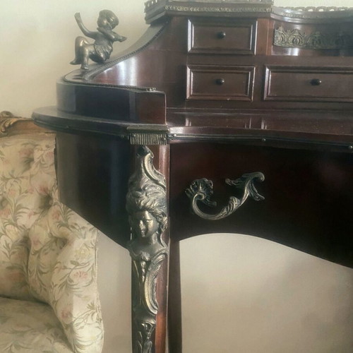 Secretaire in Neorococo Style Walnut Desk with Brass Carvings like New