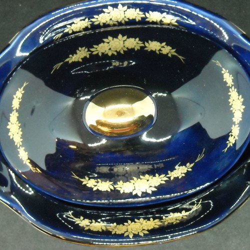 Porcelain fondue dish used, cobalt blue with 24k gold by KE.TE.