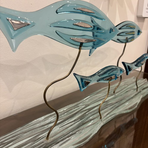 Handmade large glass and brass sculpture with fish design