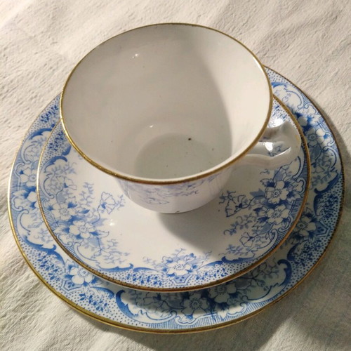 Antique English porcelain tea cup trio set with saucer and cake plate, blue