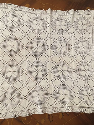 Vintage handmade crochet tablecloth with diamond and flower design, like new