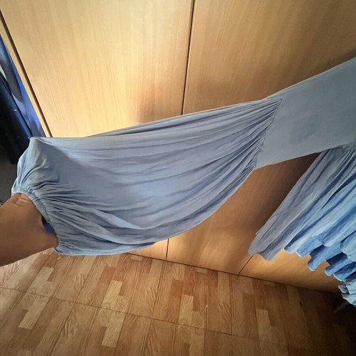 Silk baby blue blouse with puffed sleeves