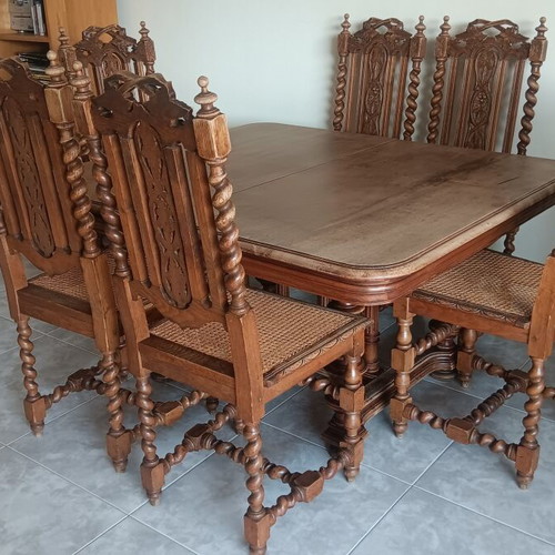 French antique Henry II Louis XIII dining set, walnut and oak, 6 chairs
