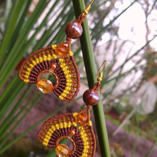 Oleander earrings with macrame art, beads, handmade, new