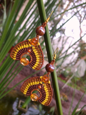 Oleander earrings with macrame art, beads, handmade, new