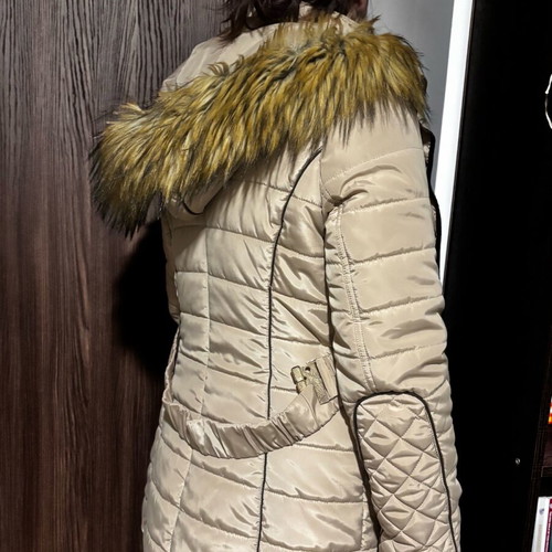 Thick beige jacket used with hood and belt, size L