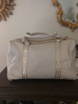 Leather handbag used, suitcase style, white with gold details