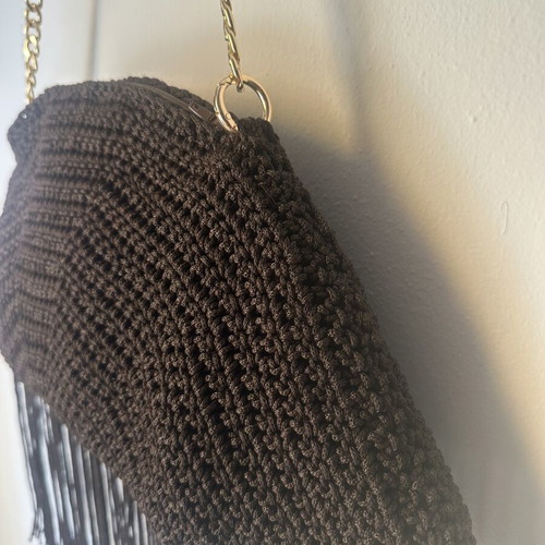 Handmade knitted shoulder bag with fringes dark brown