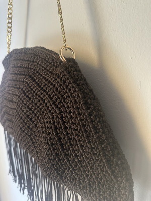 Handmade knitted shoulder bag with fringes dark brown