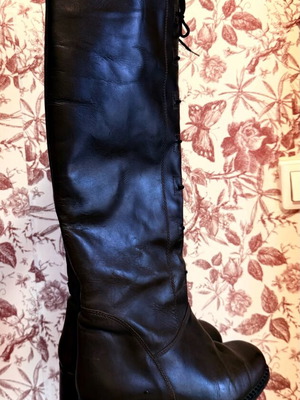 Vintage Leather Fur Boots used, knee-high brown with laces