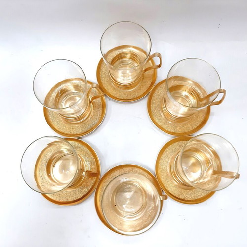 Vintage set of 6 glasses with copper bronze holders and saucers USSR 1960s like new