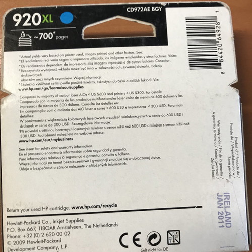 HP OfficeJet 920xl cyan ink cartridge new