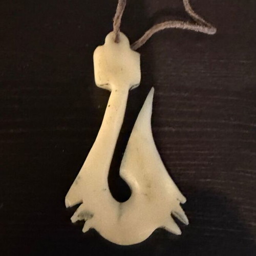 Maori Fish Hook Hei Matau handmade pendant with natural bone and leather cord like new