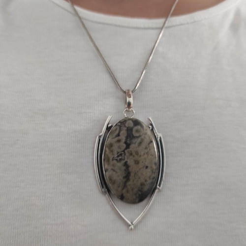 Silver necklace with Ocean Jasper stone new, 45 cm chain