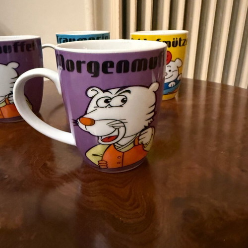 Set of 4 colorful ceramic mugs with humor like new