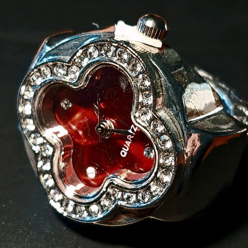 Four-Leaf Clover Ring like new with crystals, quartz watch and red dial