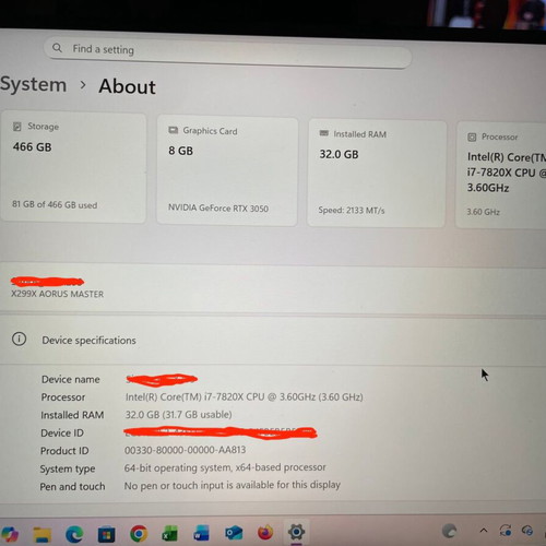 Workstation PC X299 AORUS MASTER i7-7820X 32GB RAM RTX 3050 8GB NVMe used