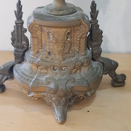 Bronze candlesticks used, pair with patina and carved base