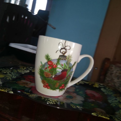 Christmas mug new with fir tree and bird design