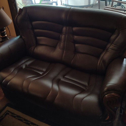 Leather sofa Italian design used, dark brown with wood details