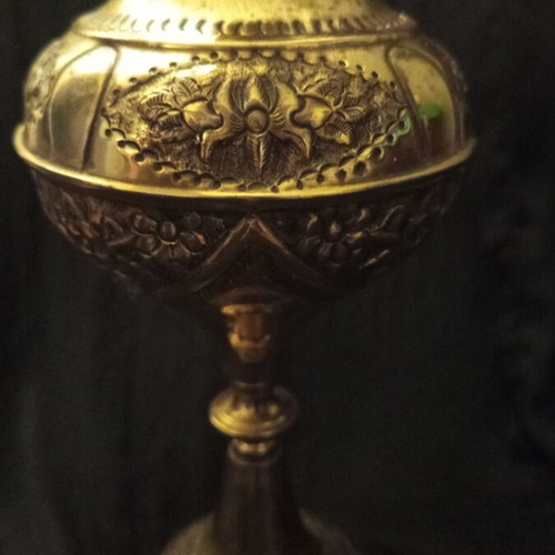 Vintage brass table lamp in oil lamp style with frosted glass