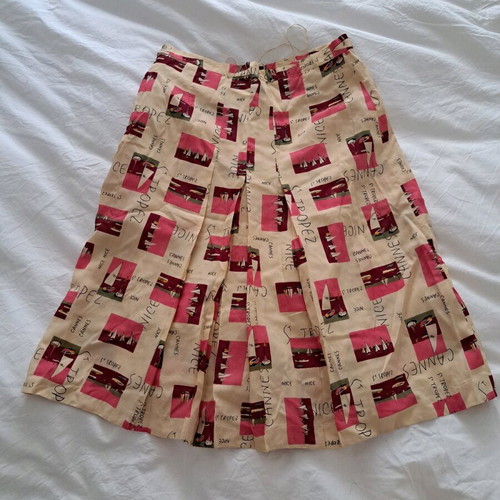 Set shirt and skirt used, vintage, pink with colorful sailboat pattern