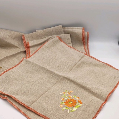 Table runner and six linen napkins set with decorative embroidery and orange trim new