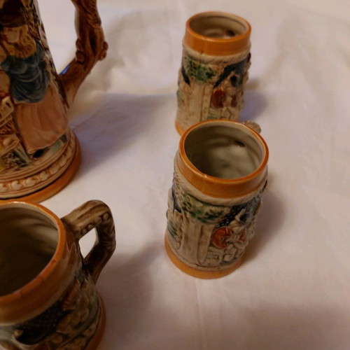 Faience pitcher and glasses set used, pitcher 19 cm, glasses 10 cm