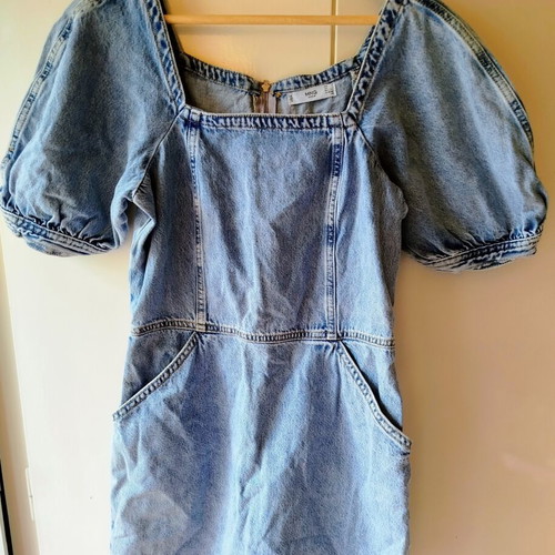 Mango Denim Dress Small, light blue cotton puff sleeves