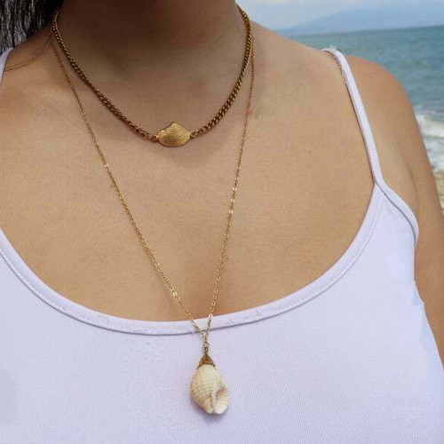 Long necklace with natural shell and stainless steel chain new