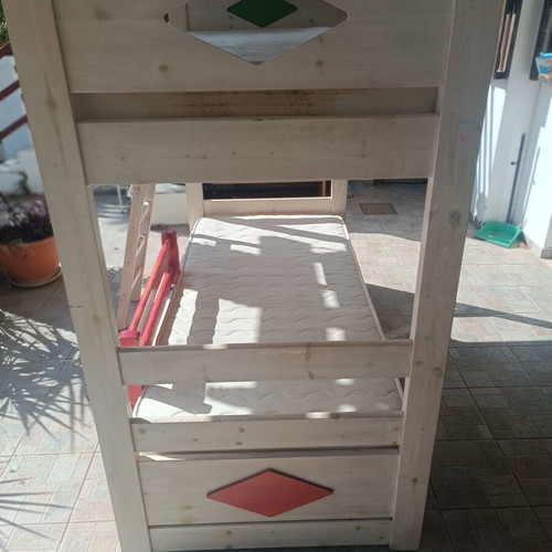 Triple bunk bed for children and teens, pine wood, white and neutral colors