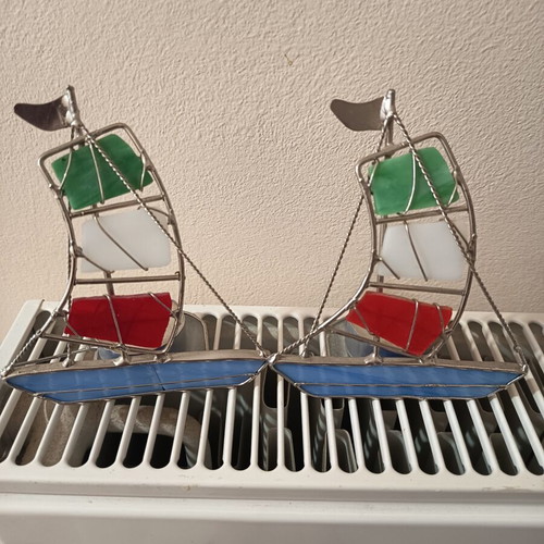 Set of 2 handmade candlesticks with stained glass sailboat design