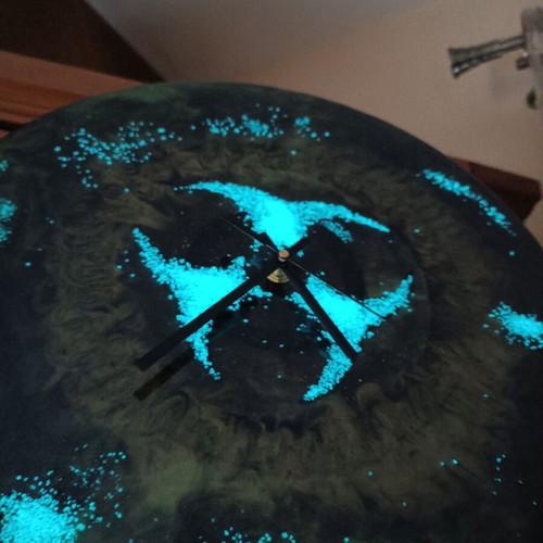 Handmade wall clock with liquid glass biohazard design