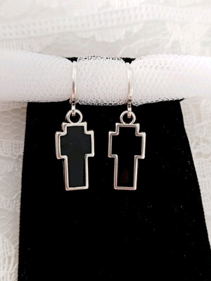 Earrings silver hoops with black enamel cross new