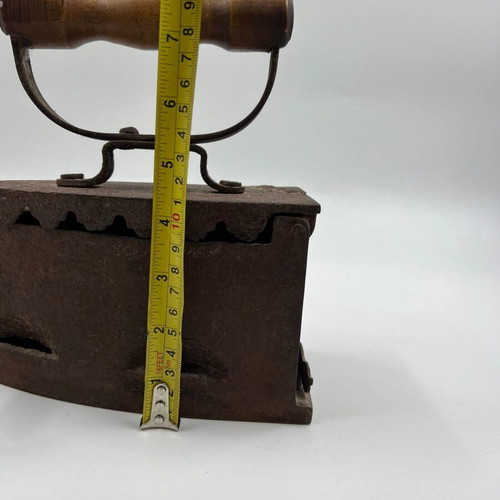 Cast Iron Charcoal Iron with Wooden Handle used, vintage clothes iron