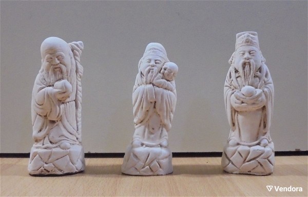  Feng Shui i tris thei tou ploutou Fuk, Luk ke Sau, palio set trion keramikon agalmatidion