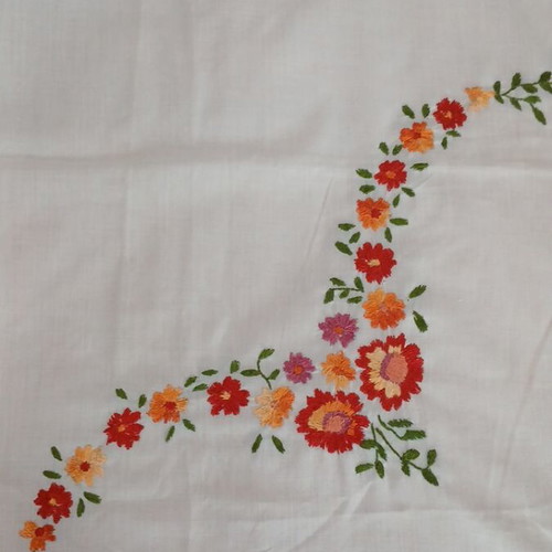 Handmade tablecloth linen fabric with embroidered floral designs