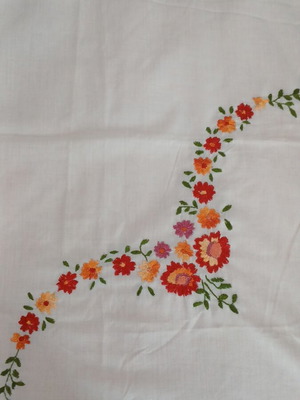 Handmade tablecloth linen fabric with embroidered floral designs