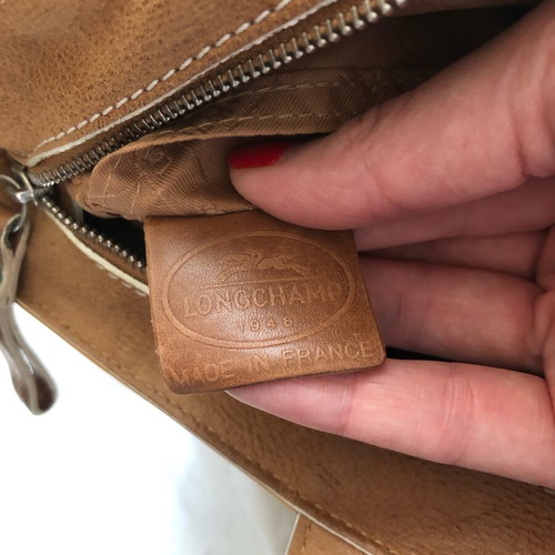 Longchamp shoulder bag used, camel leather with white patent details