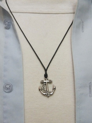 Men's black necklace with metal anchor pendant