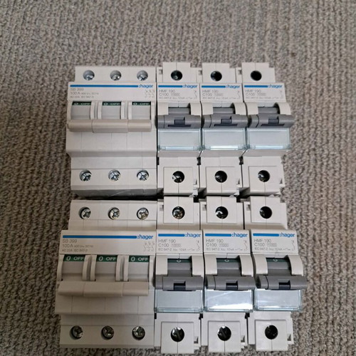 Hager automatic circuit breakers C 10kA 1x100A hmf190, 6 pcs and 3P 100A switch, 2 pcs, like new