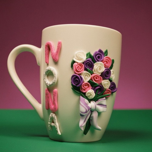 Handmade mug with flower bouquet and the word 'Nona' new